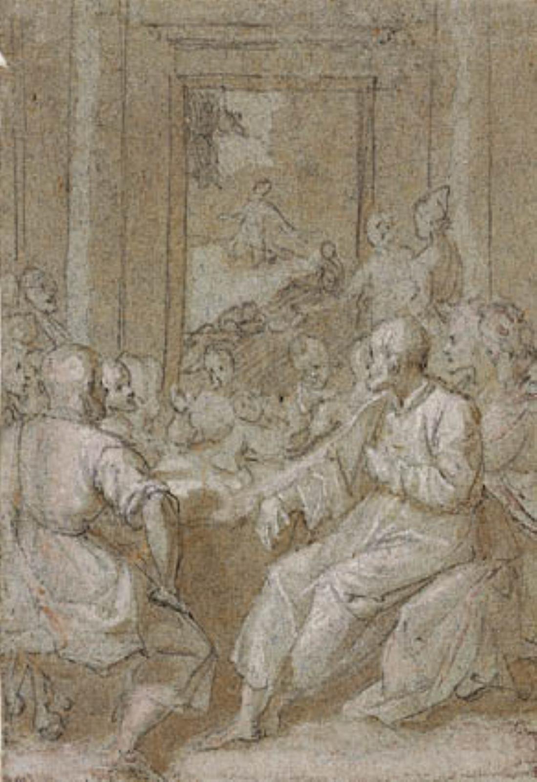The Last Supper, with a view of Christ in the Garden of Olives through the doorway at the back