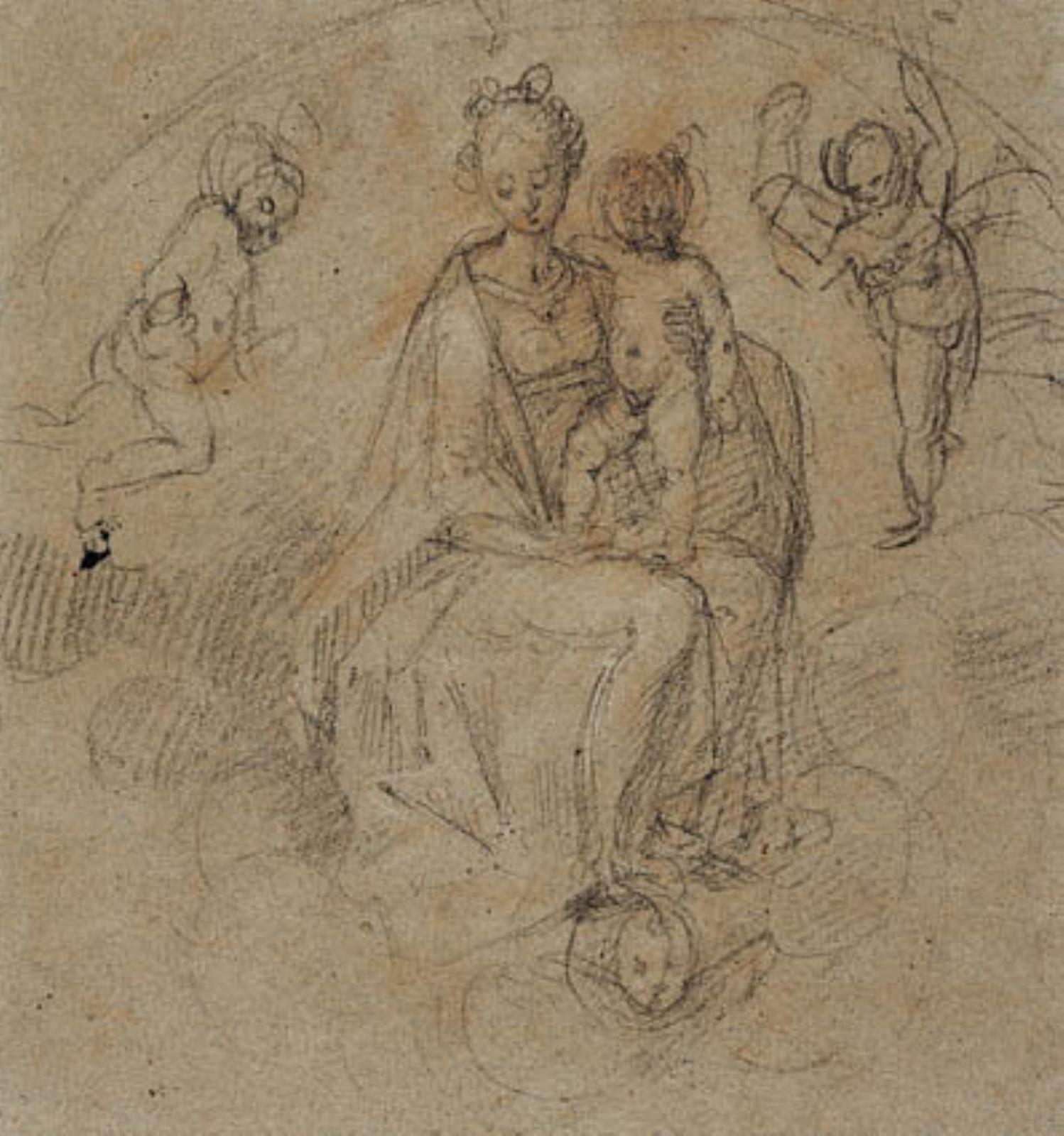 Madonna and Child in the clouds flanked by two putti