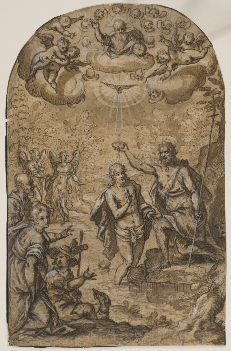 The Baptism of Christ with God the Father and angels among clouds