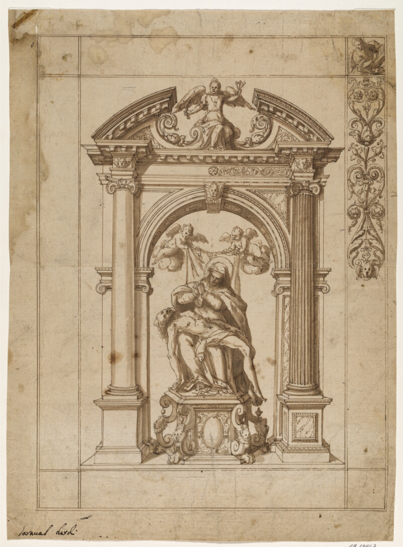 Design for a processional banner with a Pietà under an elaborate altar architecture in the form of a triumphal arch and part of the border design at upper right