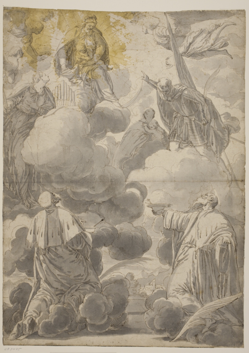 The Virgin and Child in the clouds surrounded by angels and Sts Cosmas and Damian, Cecilia, Secondo and Marina