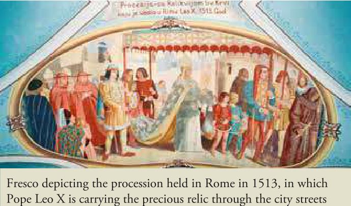 Fresco depicting the procession held in Rome in 1513, in which Pope Leo X is carrying the procession relic through the city streets.