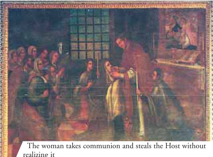 The woman takes communion and steals the Host without realizing it